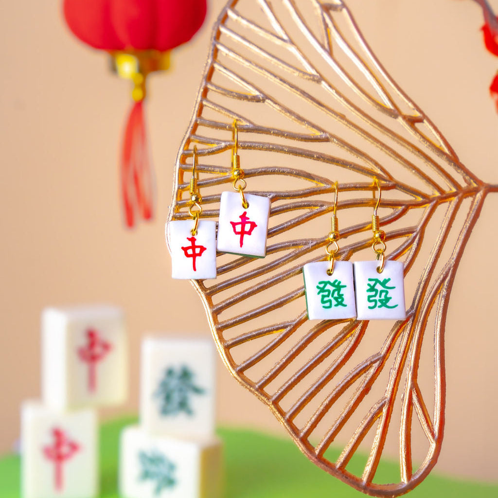 Red Zhong Mahjong Set Tile Gold Clay Handmade Earrings (Red Dragon)