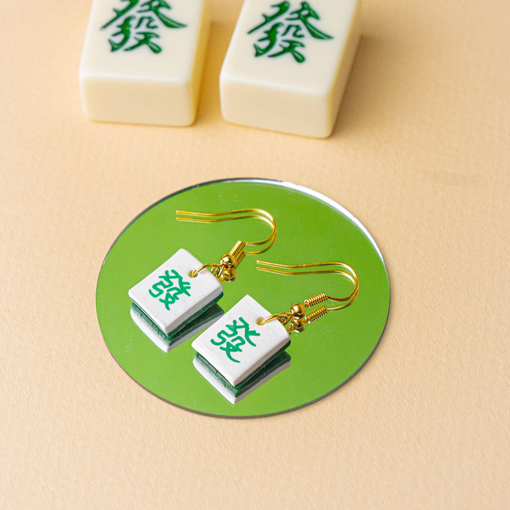 Green Fortune Mahjong Tile Gold Clay Handmade Earrings | "Fa Cai"