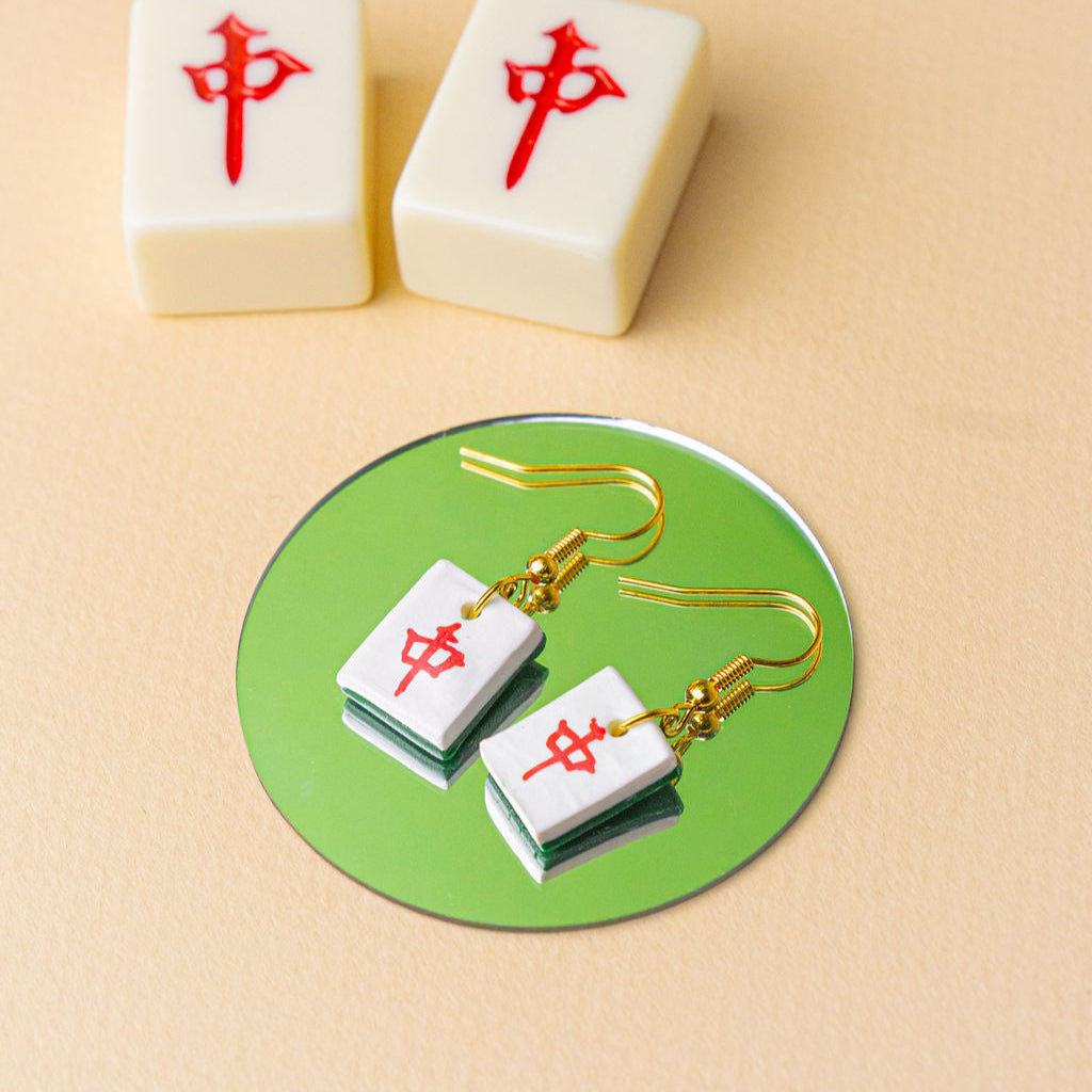 Red Zhong Mahjong Set Tile Gold Clay Handmade Earrings (Red Dragon)