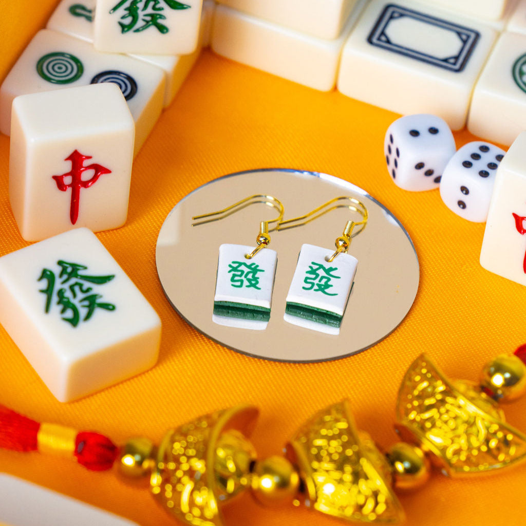 Green Fortune Mahjong Tile Gold Clay Handmade Earrings | "Fa Cai"