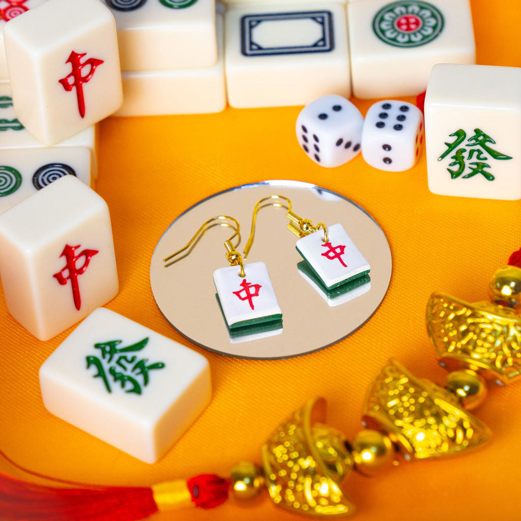 Red Zhong Mahjong Set Tile Gold Clay Handmade Earrings (Red Dragon)
