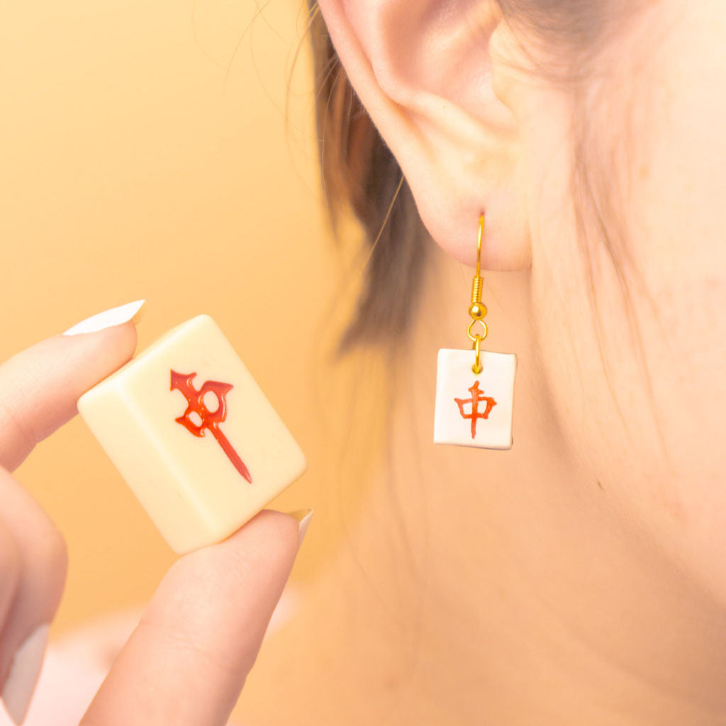Red Zhong Mahjong Set Tile Gold Clay Handmade Earrings (Red Dragon)