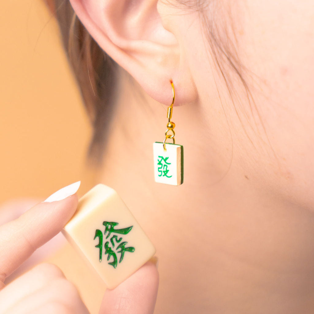 Green Fortune Mahjong Tile Gold Clay Handmade Earrings | "Fa Cai"