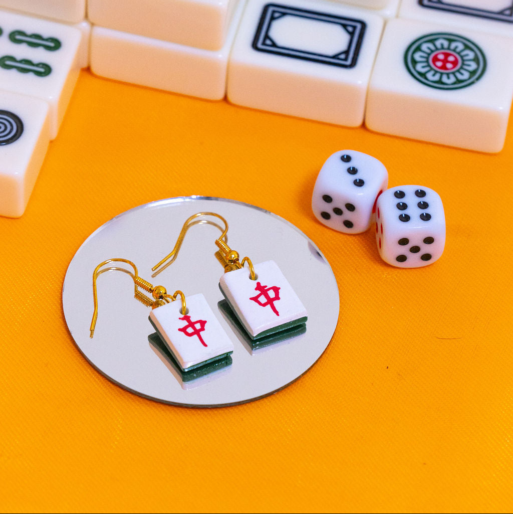 Red Zhong Mahjong Set Tile Gold Clay Handmade Earrings (Red Dragon)
