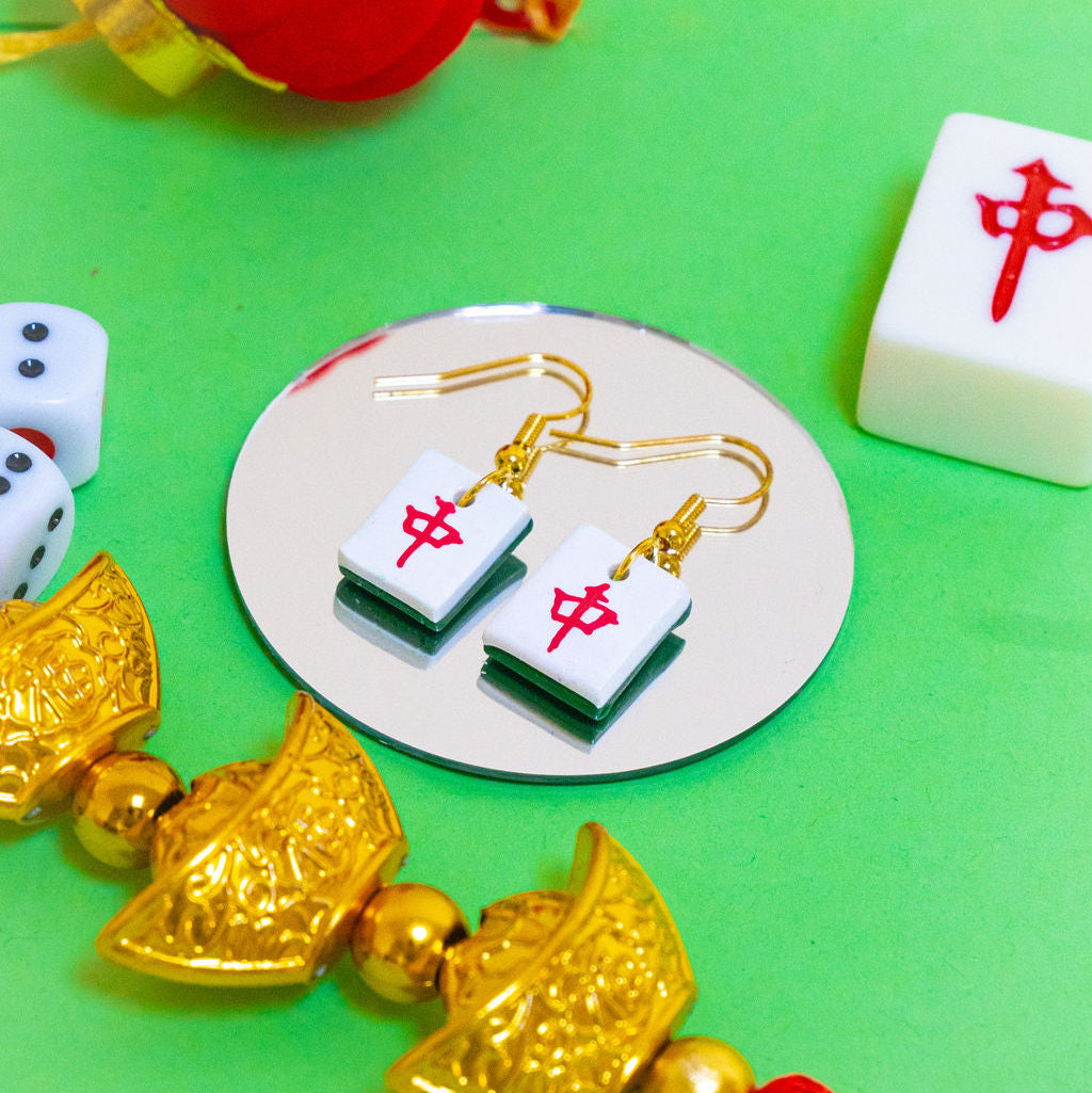 Red Zhong Mahjong Set Tile Gold Clay Handmade Earrings (Red Dragon)
