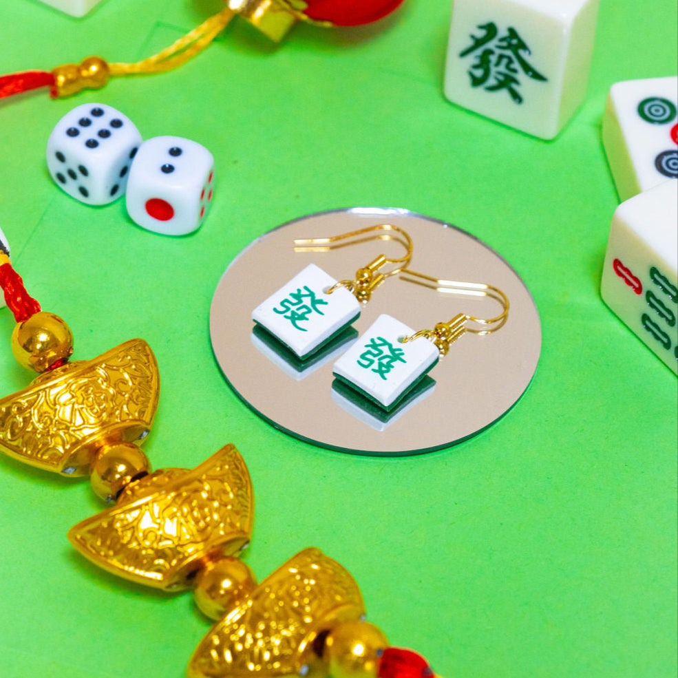 Green Fortune Mahjong Tile Gold Clay Handmade Earrings | "Fa Cai"