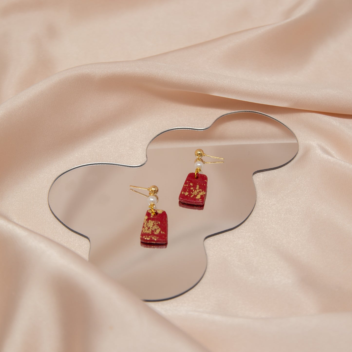 Red & Gold Lunar New Year 18K Plated Pearl Rectangle Dangle Earrings