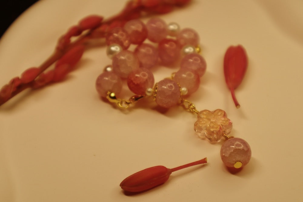 Dark Pink Sakura Flower Blossom with Charm Beaded Bracelet