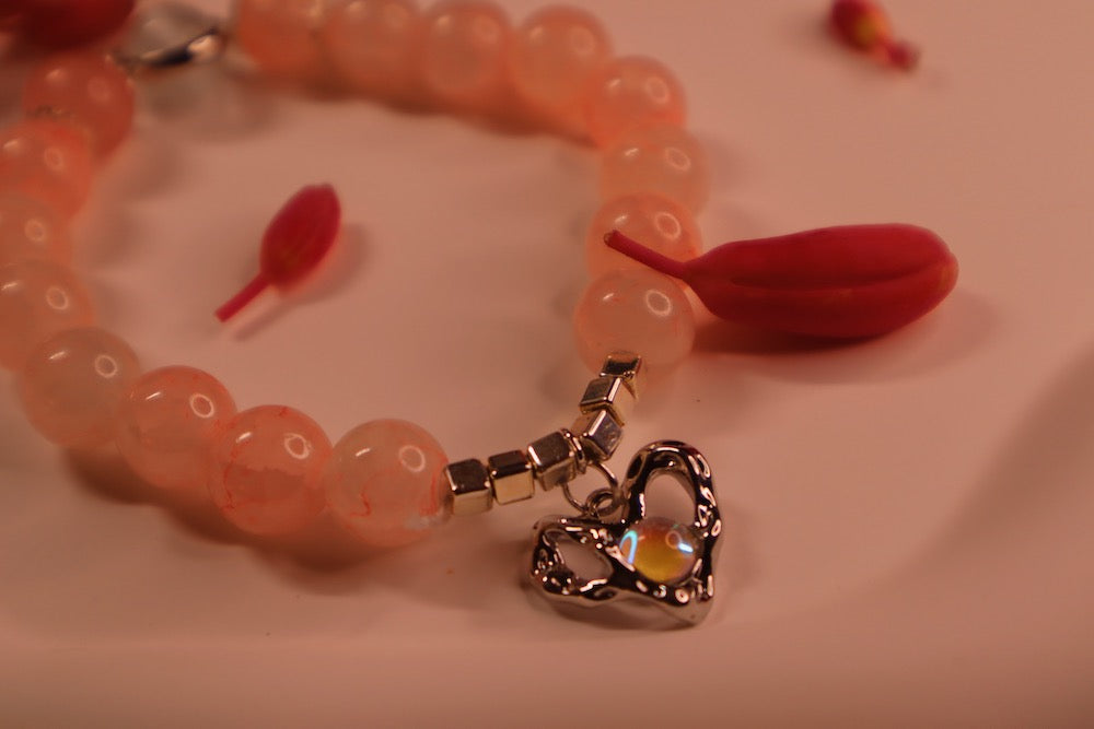 Cute Light Pink Beaded Bracelet with Romantic Heart Charm