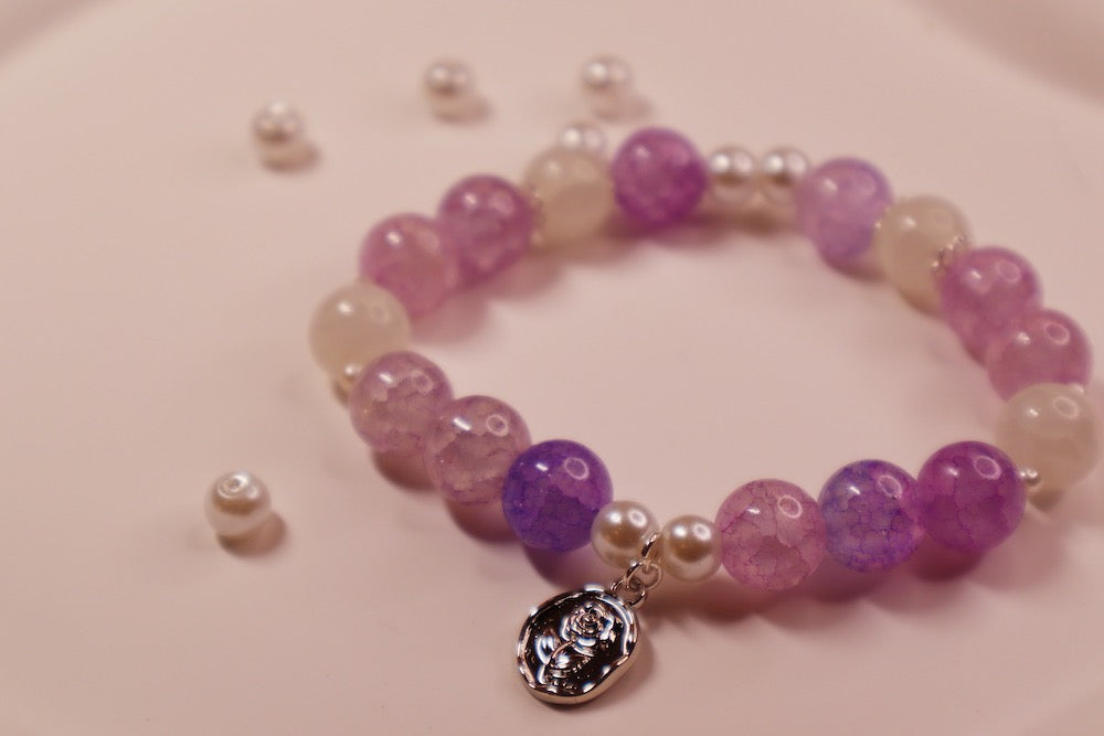 Purple and White Silver Rose Charm Beaded Bracelet