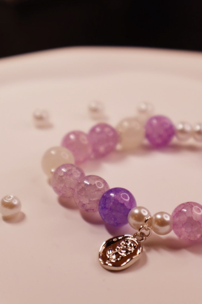 Purple and White Silver Rose Charm Beaded Bracelet