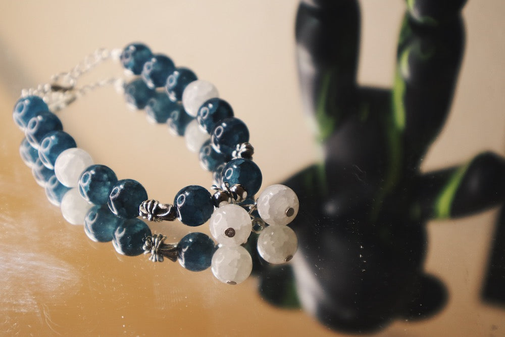 Dark Blue and White Silver Beaded Bracelet with Two Crystal Charms