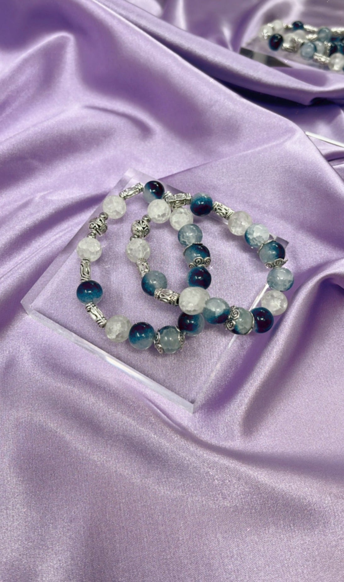 Blue and White Silver Beaded Bracelet