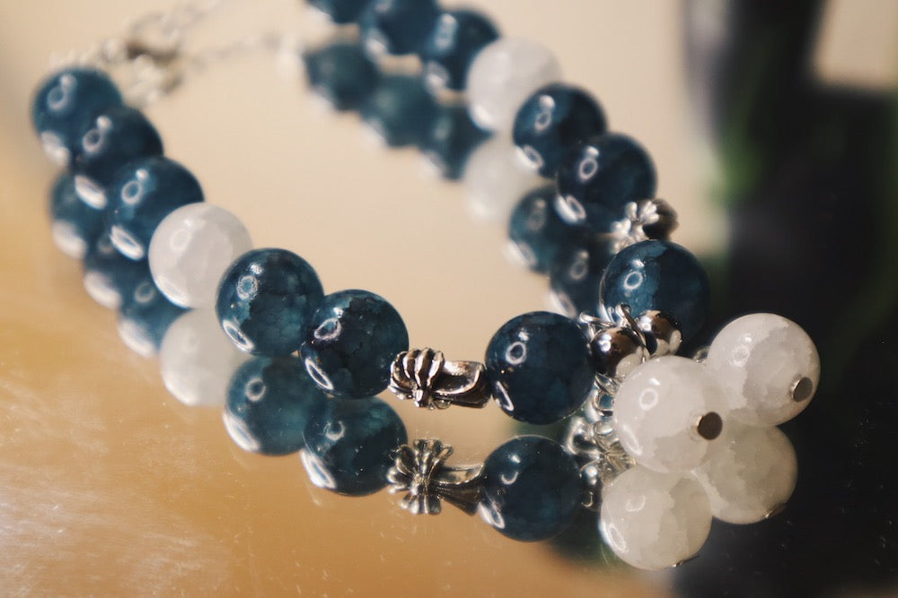 Dark Blue and White Silver Beaded Bracelet with Two Crystal Charms