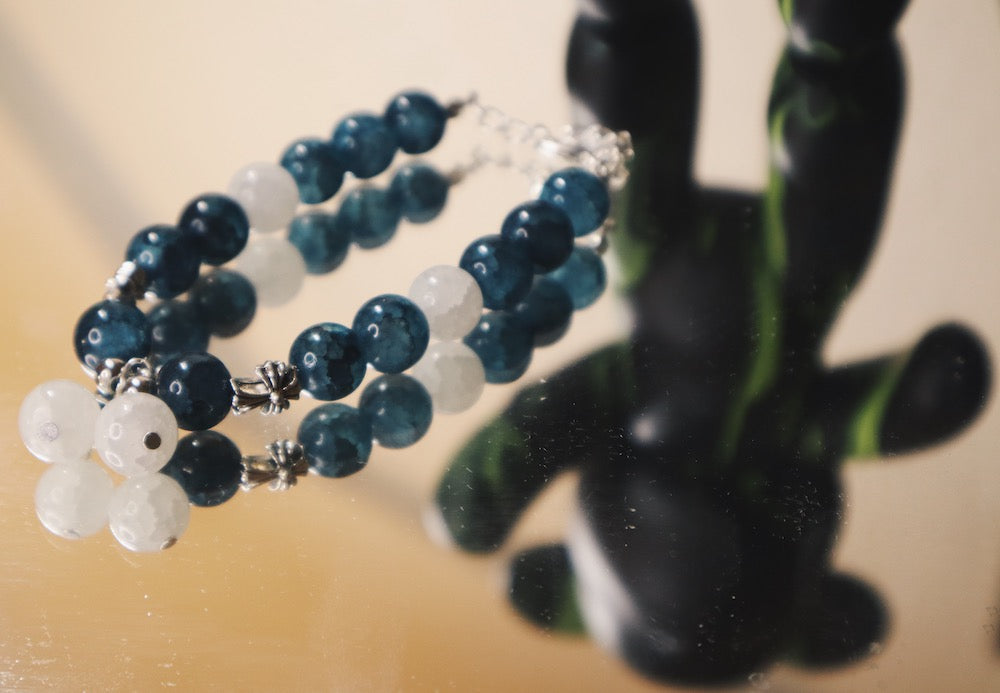 Dark Blue and White Silver Beaded Bracelet with Two Crystal Charms