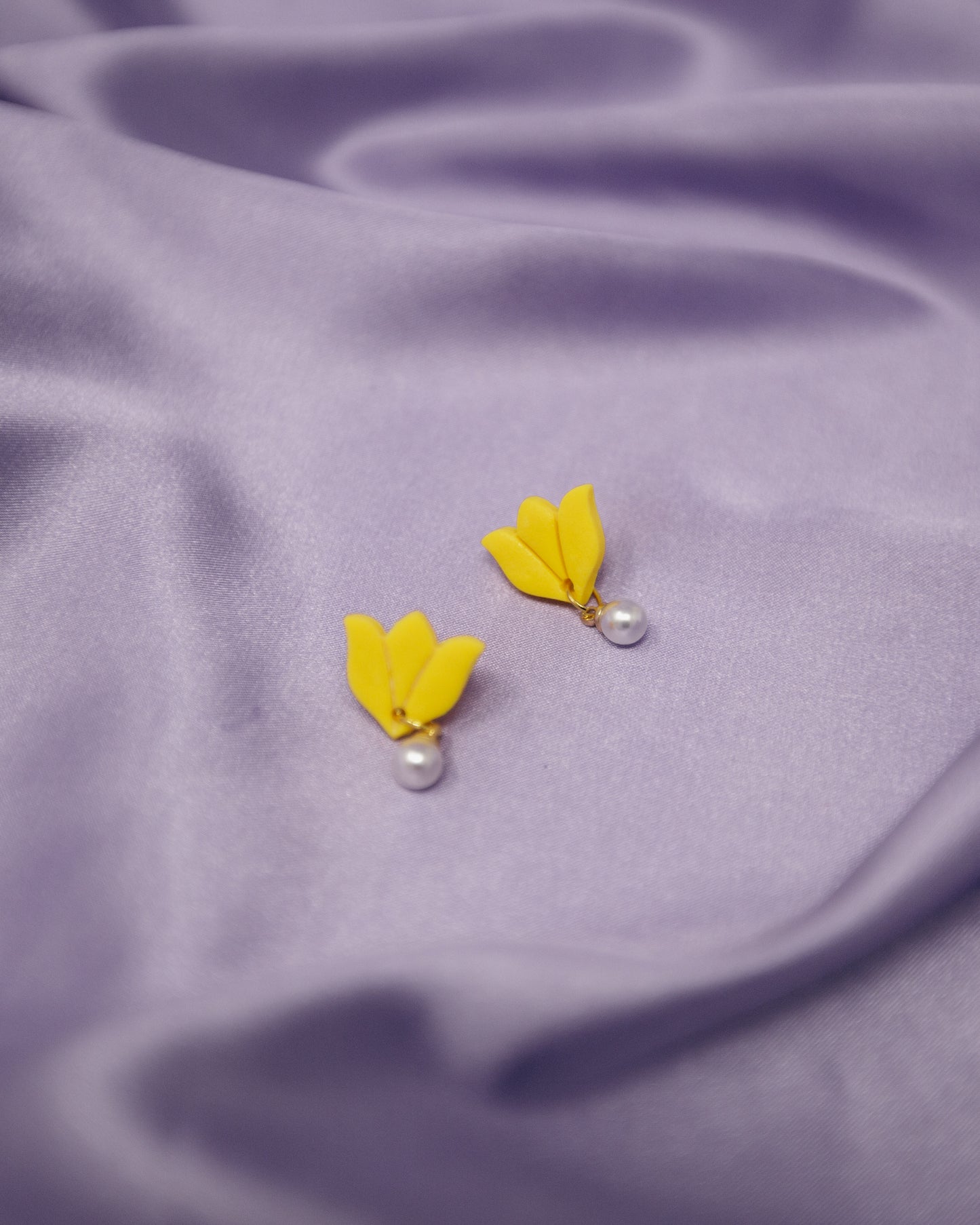 Bright Yellow Tulip Flower with 18K Gold Plated Pearl Dangle Earring