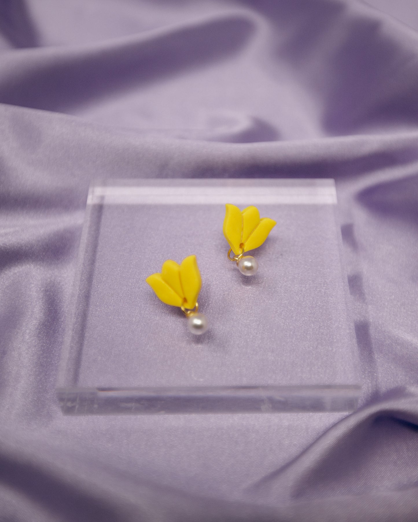 Bright Yellow Tulip Flower with 18K Gold Plated Pearl Dangle Earring