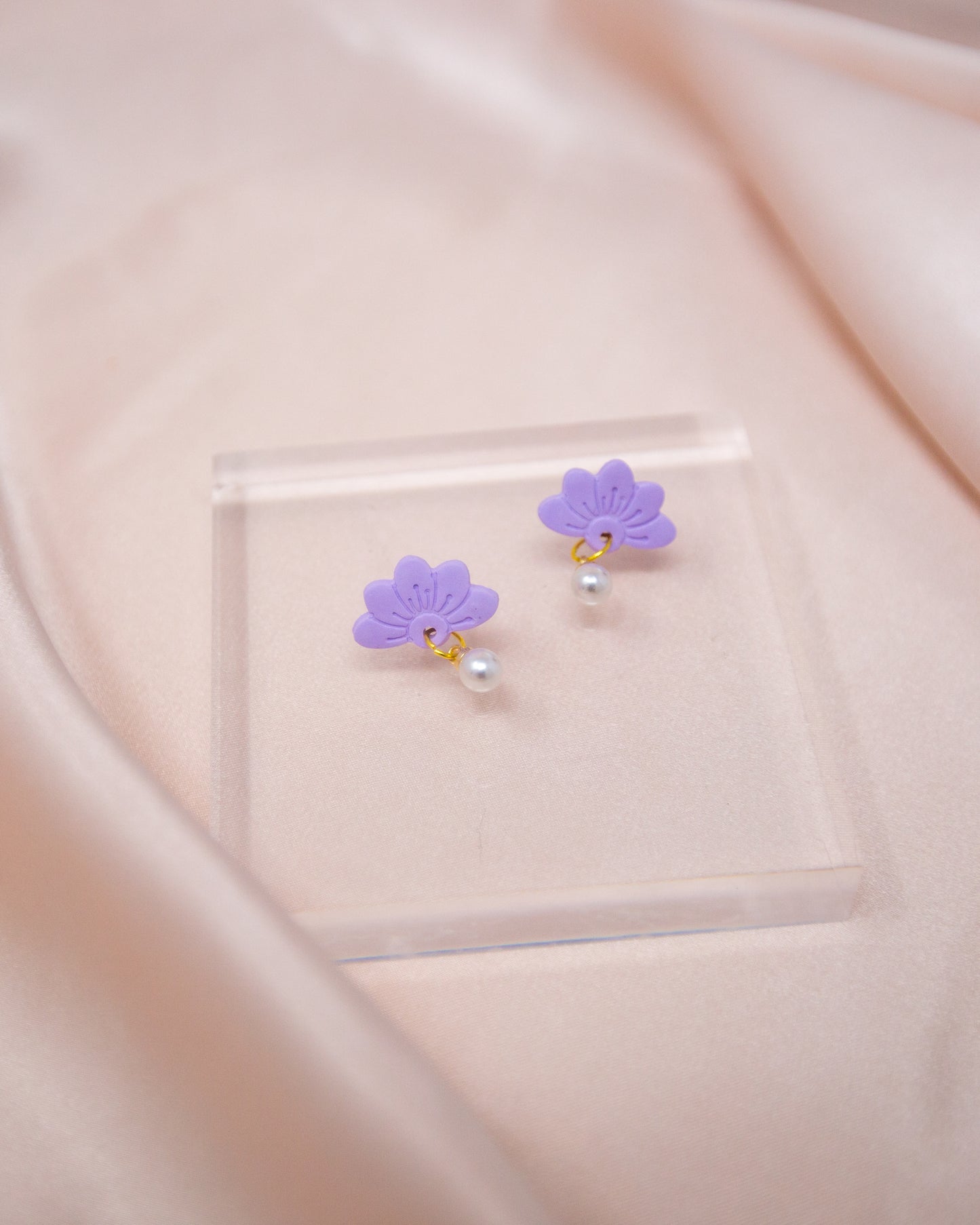 Purple Half Daisy Flower with 18K Gold Plated Pearl Dangle Earring