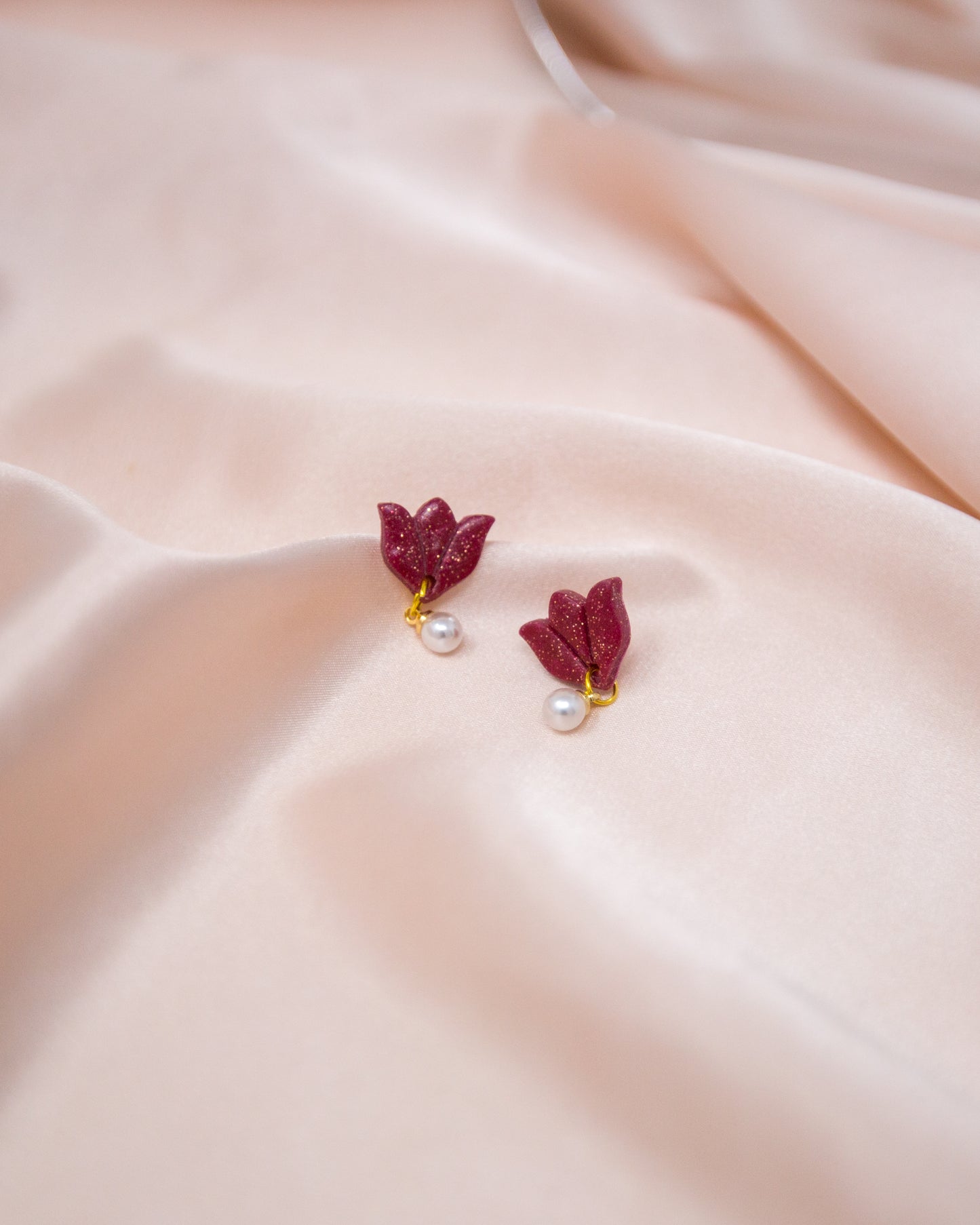 Dark Red Glitter Tulip Flower with 18K Gold Plated Pearl Dangle Earring