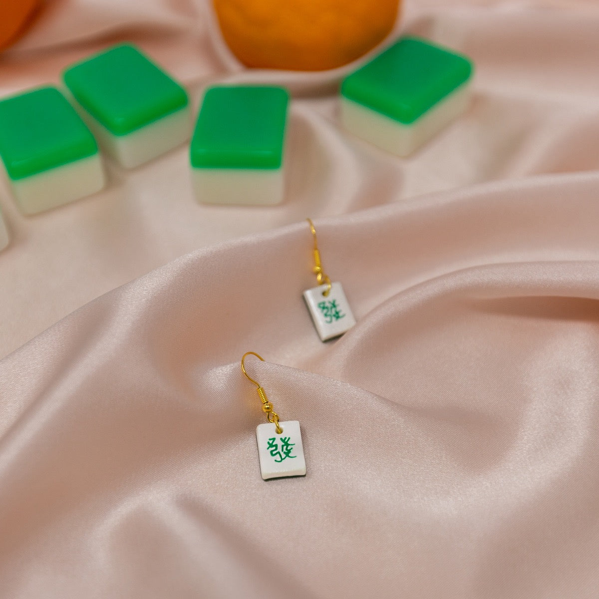 lunar new year green white gold mahjong tile earring chinese asian jewelry