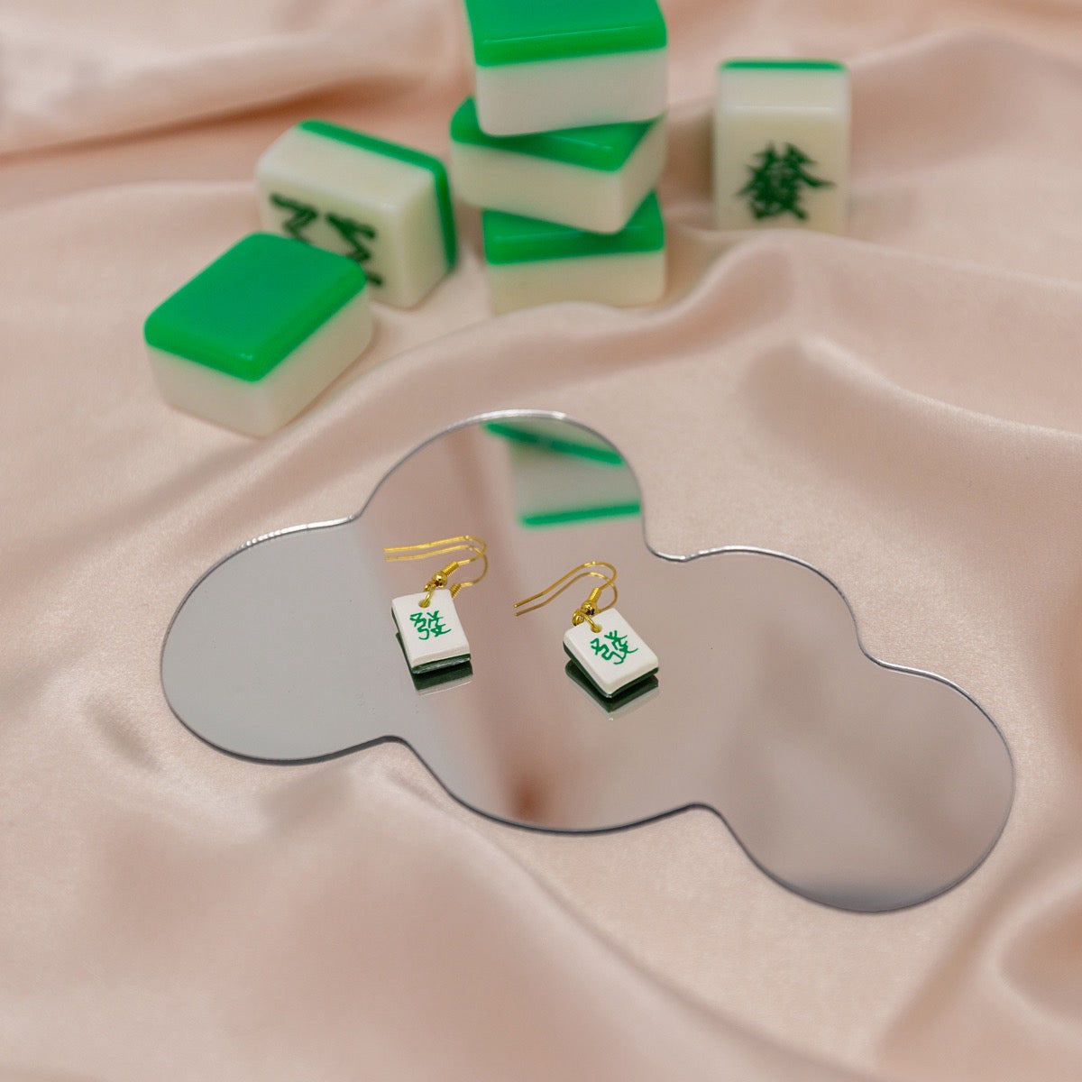 lunar new year green white gold mahjong tile earring chinese asian jewelry