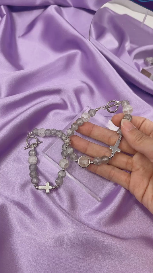 Gray and Silver Beaded Bracelet with Cross Charm