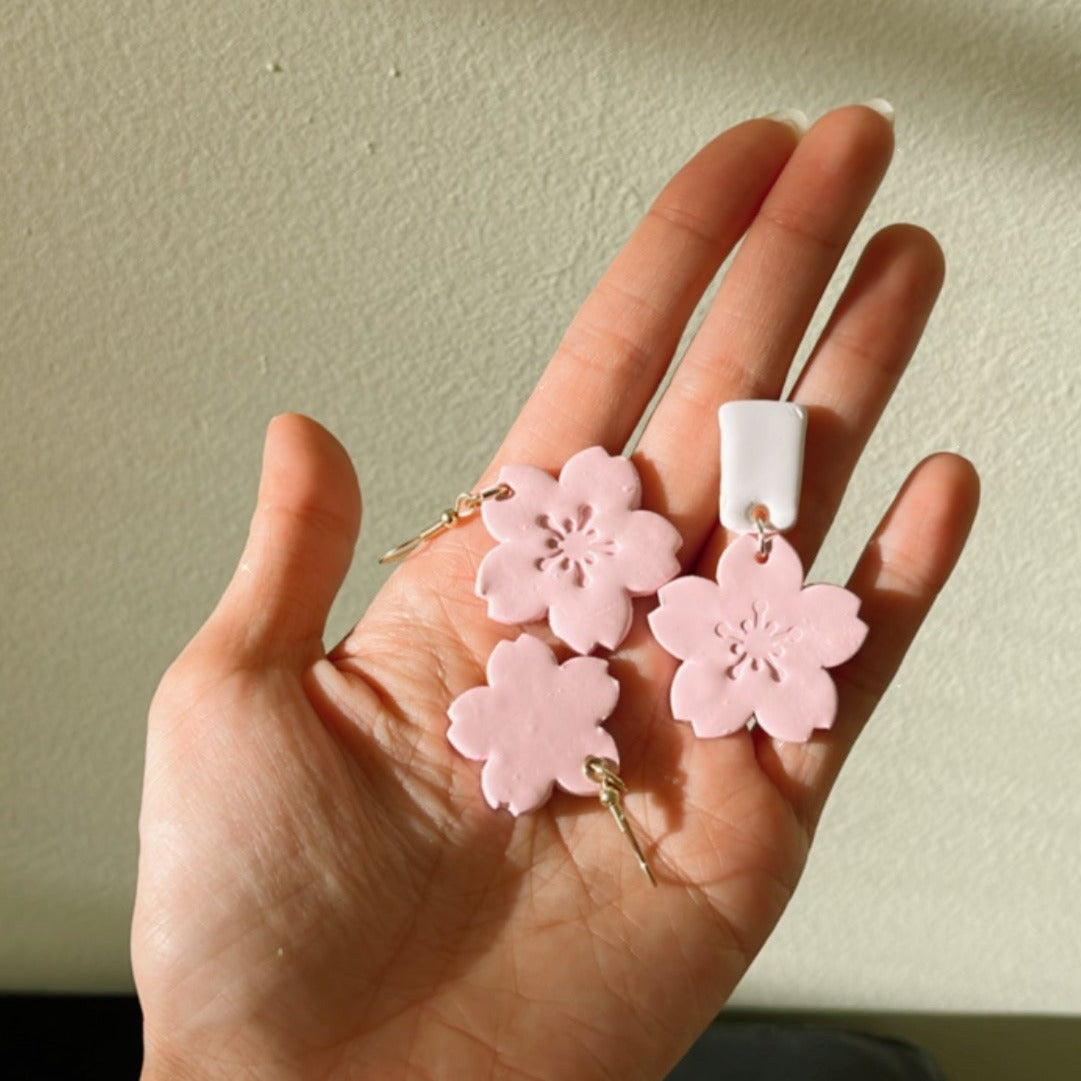 Pink & Gold Sakura Polymer Clay Statement Earrings