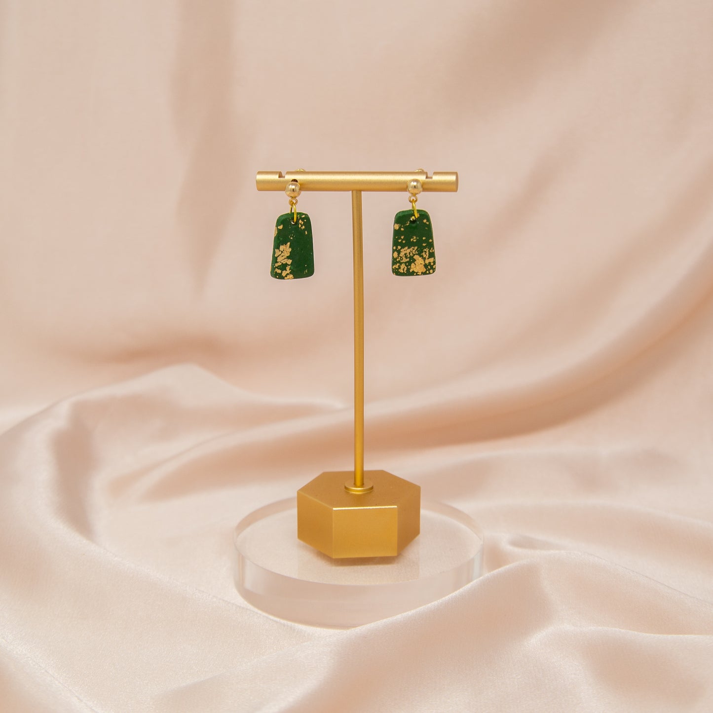 Green & Gold Lucky Fortune Rectangle Dangle Earrings