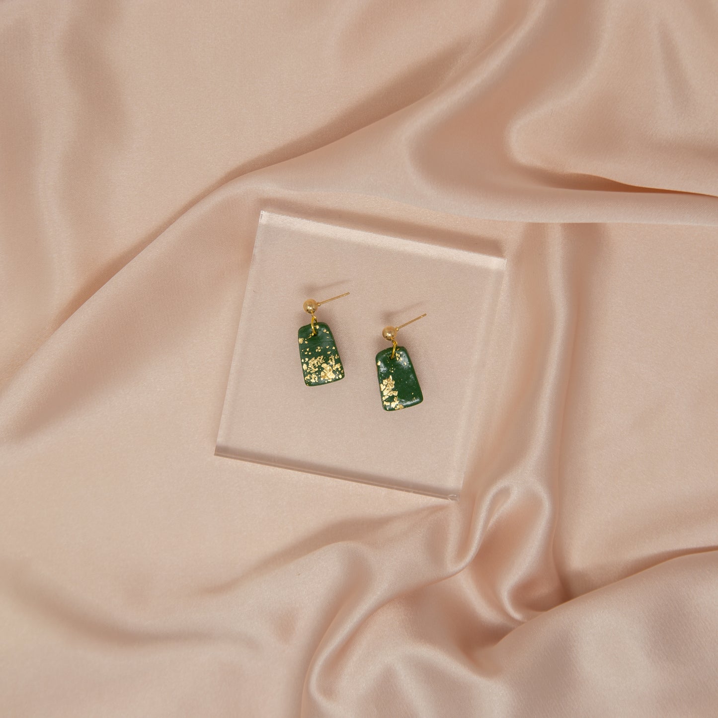 Green & Gold Lucky Fortune Rectangle Dangle Earrings