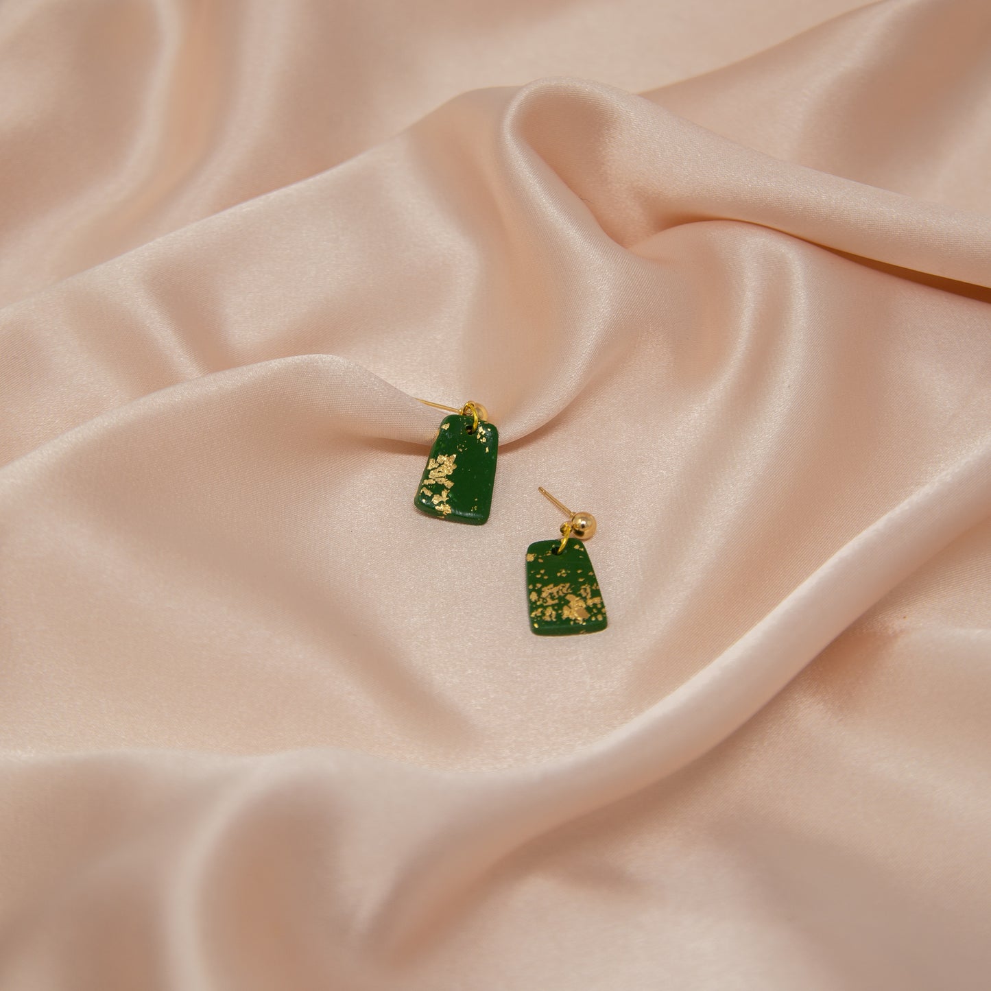 Green & Gold Lucky Fortune Rectangle Dangle Earrings