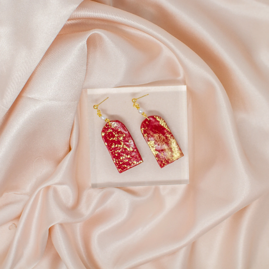 Red & Gold Pearl Dangle Clay Earring