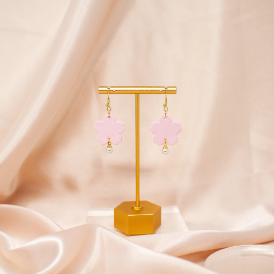 Pink & Gold Sakura Blossom 18k Pearl Statement Earrings