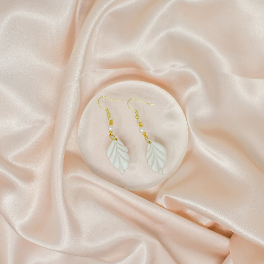 Ivory Leaf 18K Gold Pearl Dangle Drop Earrings