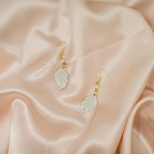 Ivory Leaf 18K Gold Pearl Dangle Drop Earrings