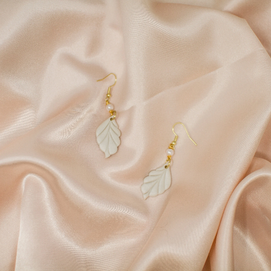 Ivory Leaf 18K Gold Pearl Dangle Drop Earrings