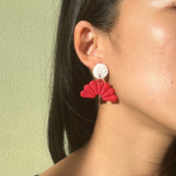 Red & White Fan Polymer Clay Statement Earrings