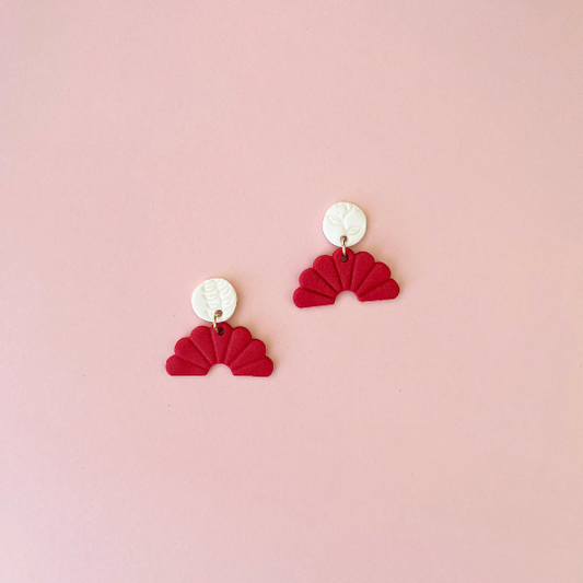 Red & White Fan Polymer Clay Statement Earrings